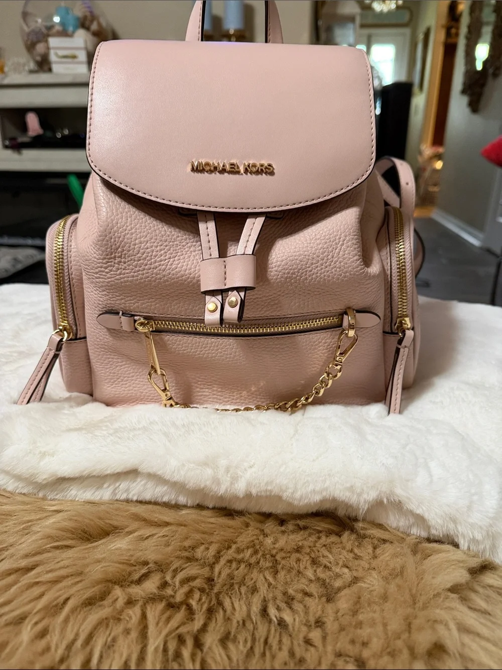 Michael Kors POWDER BLUSH Jet Set Travel Medium Pebble Leather Chain Backpack